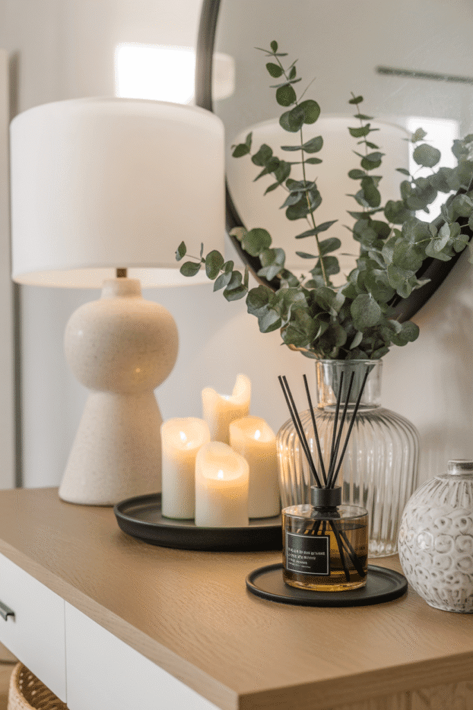 A diffuser adds a subtle scent and modern touch to console decor.


