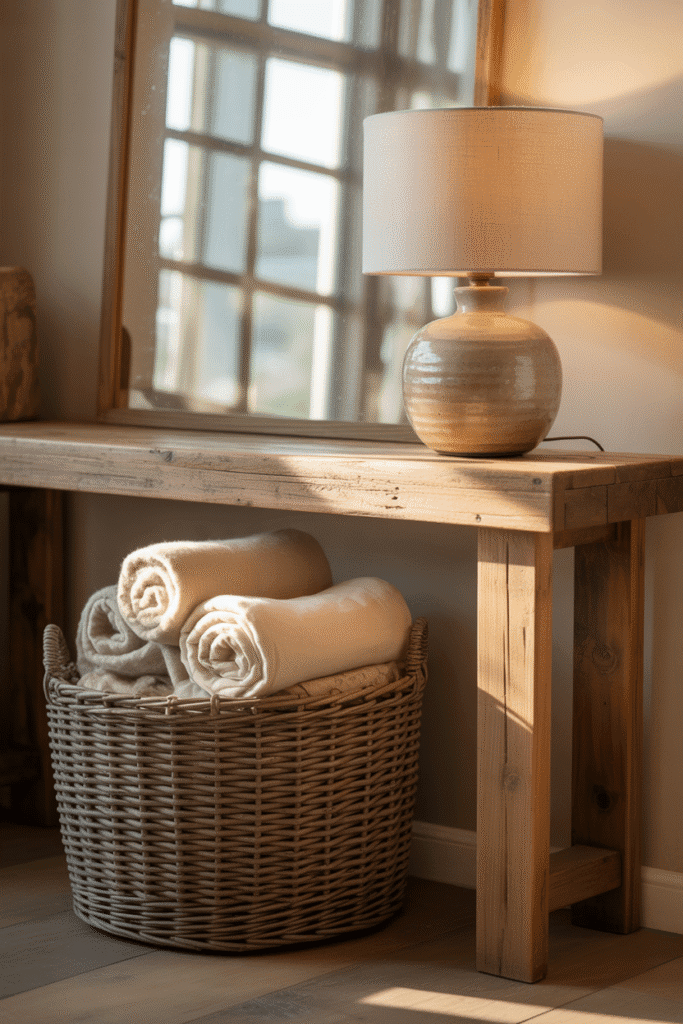 Baskets below the console offer stylish hidden storage for throws or shoes.

