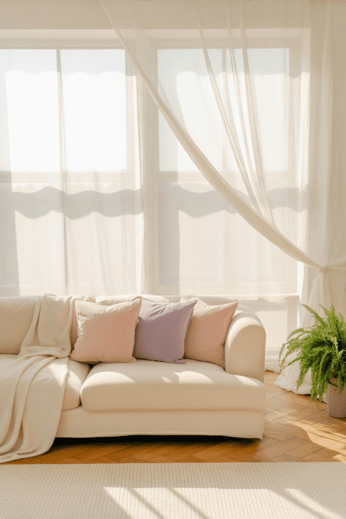 As a part of spring living room ideas this picture shows lightweight textiles and sheer curtains brighten a spring-inspired living room.
