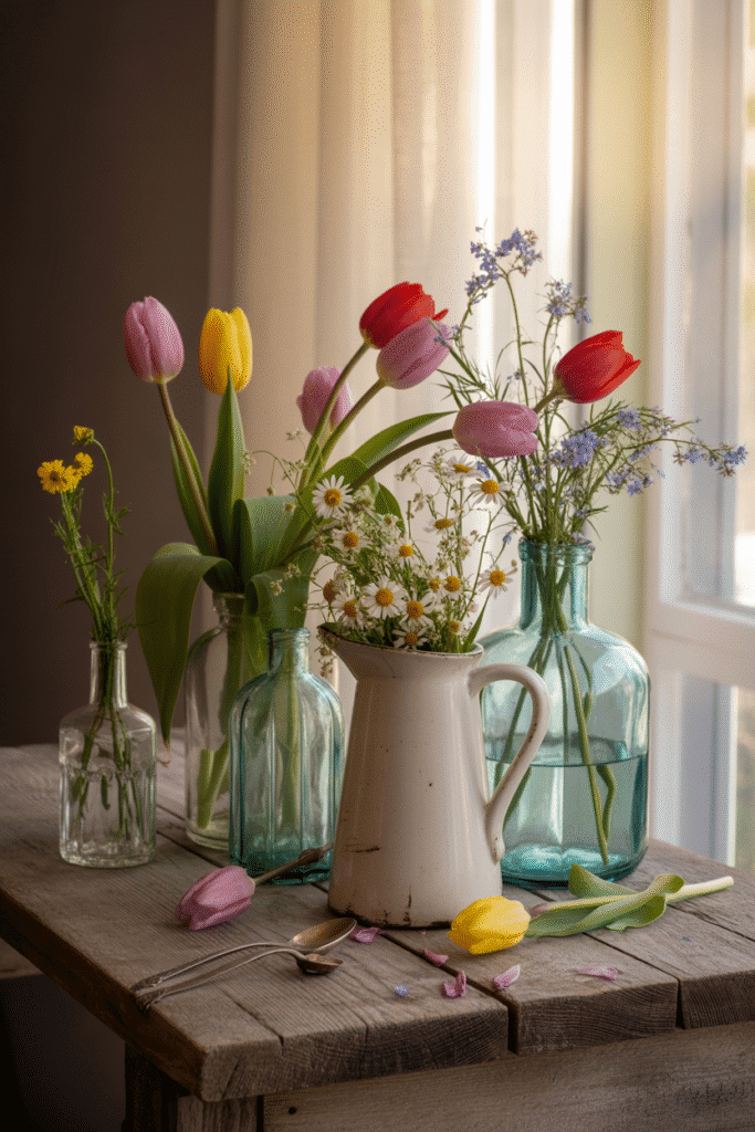 As a part of vintage spring decor ideas this picture shows fresh tulips and wildflowers displayed in vintage pitchers and glass bottles.