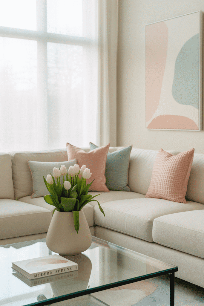 Pastel accents add a soft, seasonal touch to a spring-themed living room.
