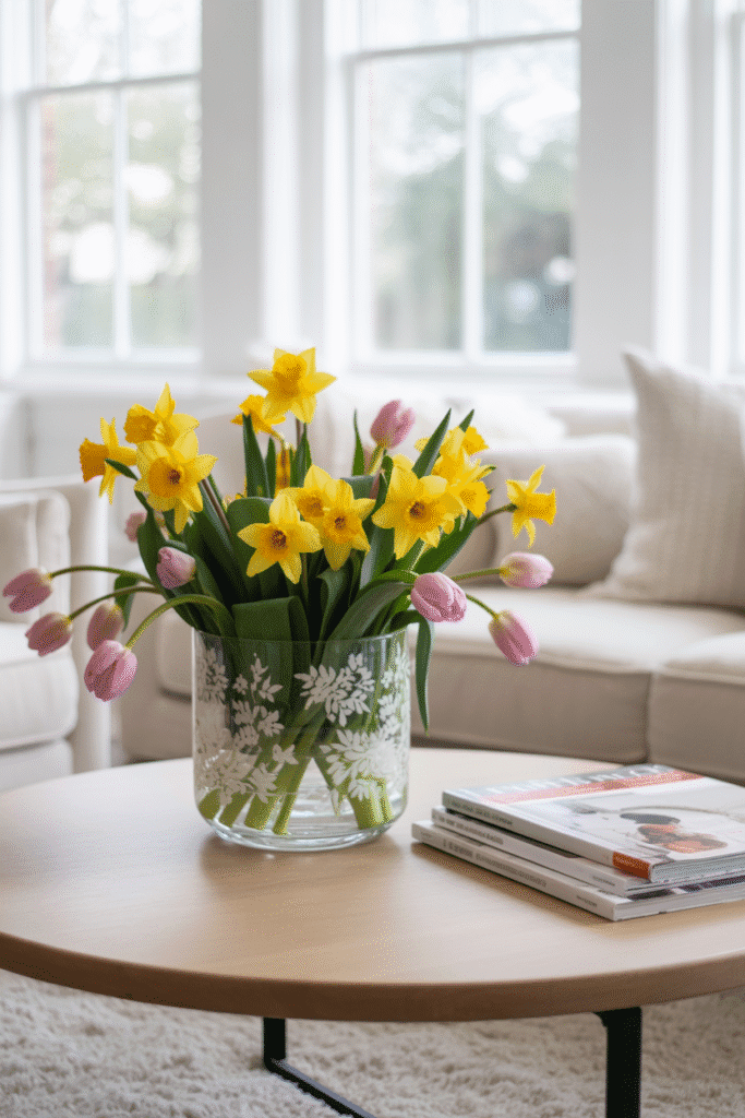 Fresh spring flowers create a lively, cheerful centerpiece.