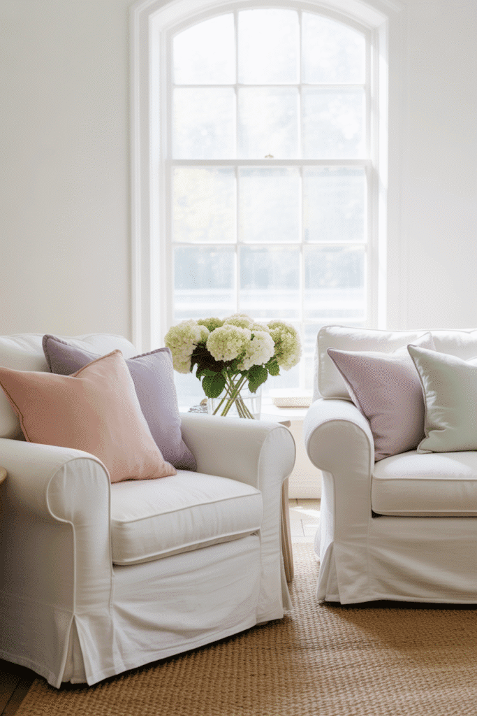 Slipcovers refresh dark furniture and brighten the living room for spring.