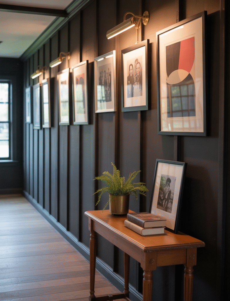 Hallway with black board and batten walls, framed black-and-white family photos, and framed art above the panels, bringing dimension and visual flow to the space.