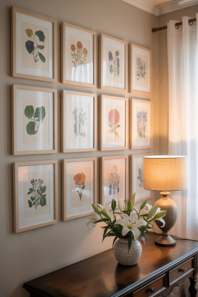 Botanical artwork adds spring charm to a living room gallery wall.