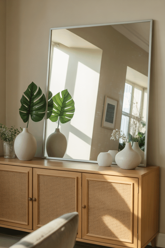 Strategically placed mirror enhances natural light in a spring-themed space.
