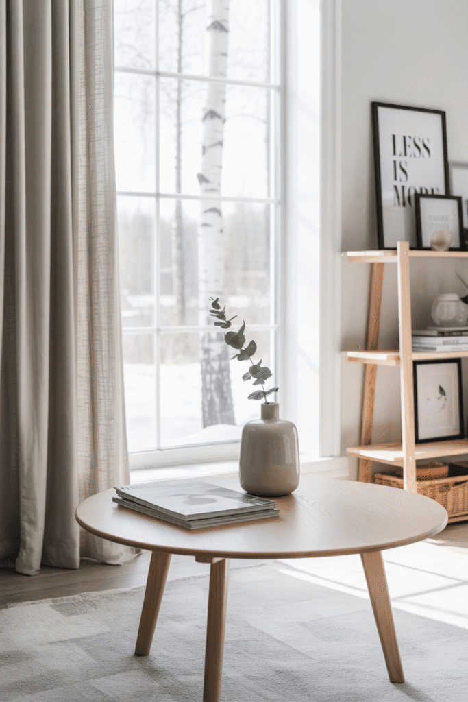 Light wood furniture adds softness and calm to a spring-ready living room.