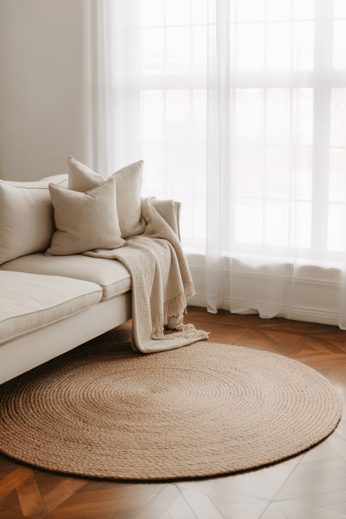 A light, natural rug helps open up the space for a fresh seasonal feel.