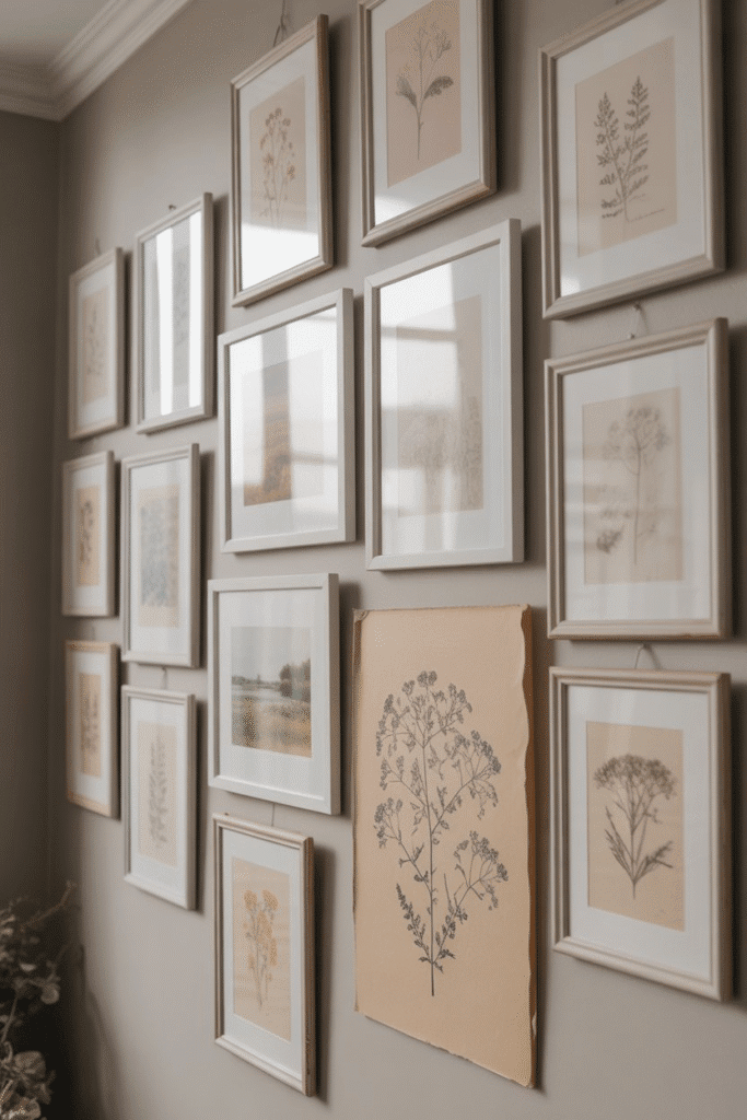 A curated spring gallery wall brings softness and color to the room.