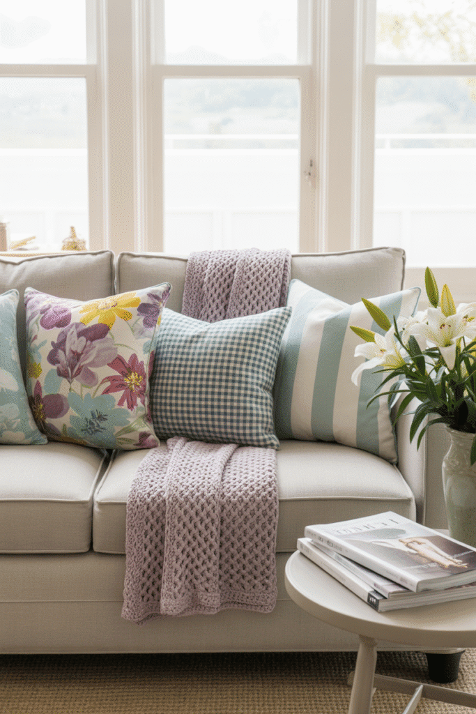 Seasonal throw pillows update the space with light patterns and color.