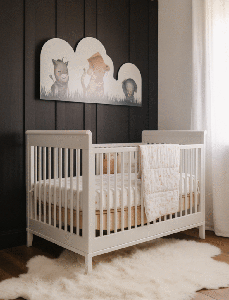 Nursery with black board and batten on one wall, softened with plush rugs, pastel crib bedding, and playful wall art that contrasts with the dark backdrop.