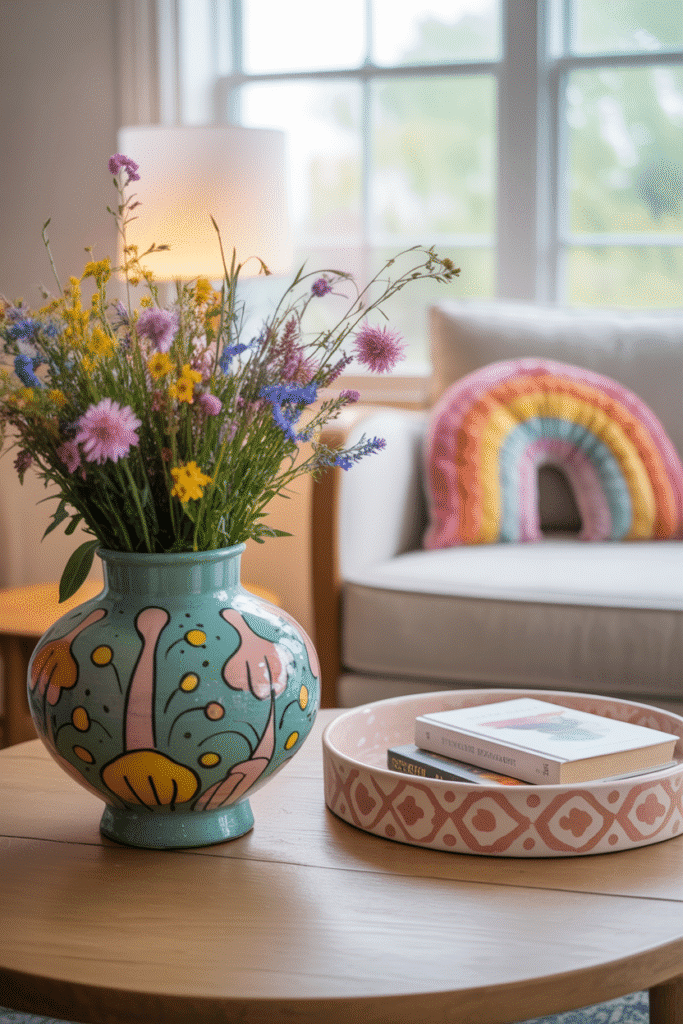 Whimsical spring accents add playfulness and personality to the room.