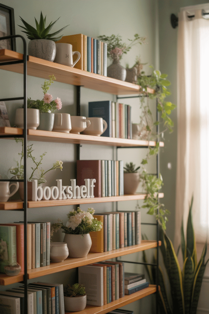 Spring-themed shelf styling creates a fresh, balanced, and airy look.