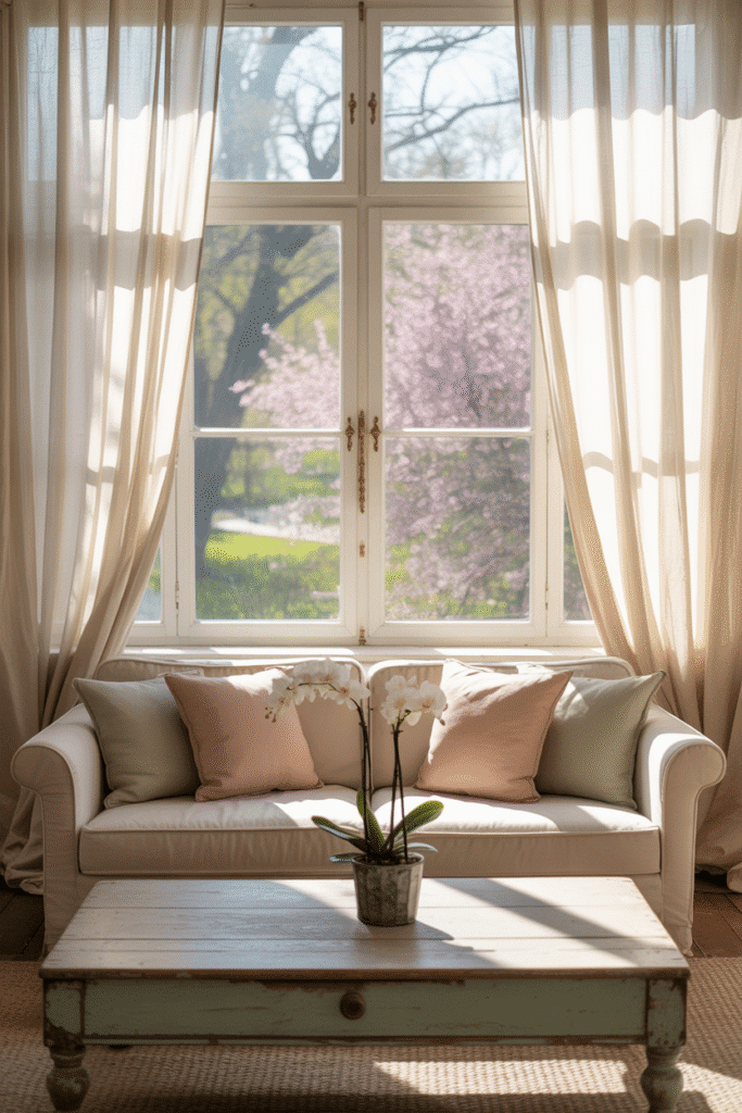 Open windows and airy curtains invite the light and fresh air of spring.