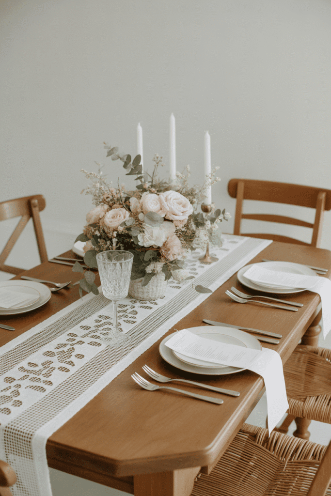 Lace table runner adds vintage softness to a spring-inspired dining setup.