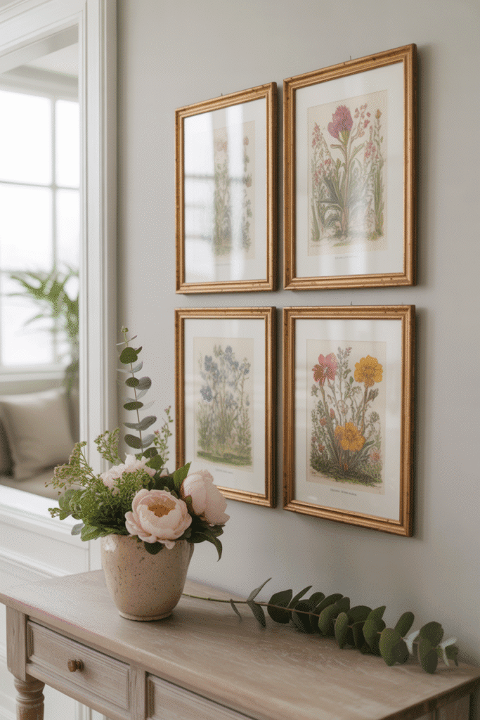 Vintage botanical art adds timeless elegance to spring decor.