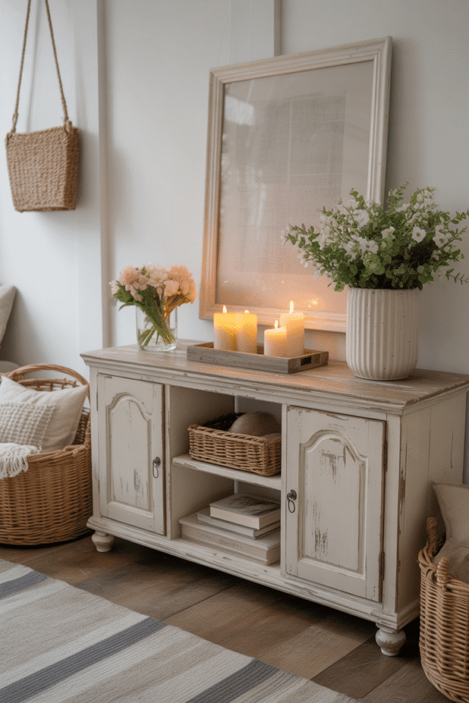 Distressed wood furniture adds rustic charm to vintage spring styling.