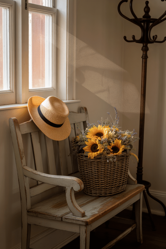 Vintage bench and spring florals create a welcoming entryway vignette.