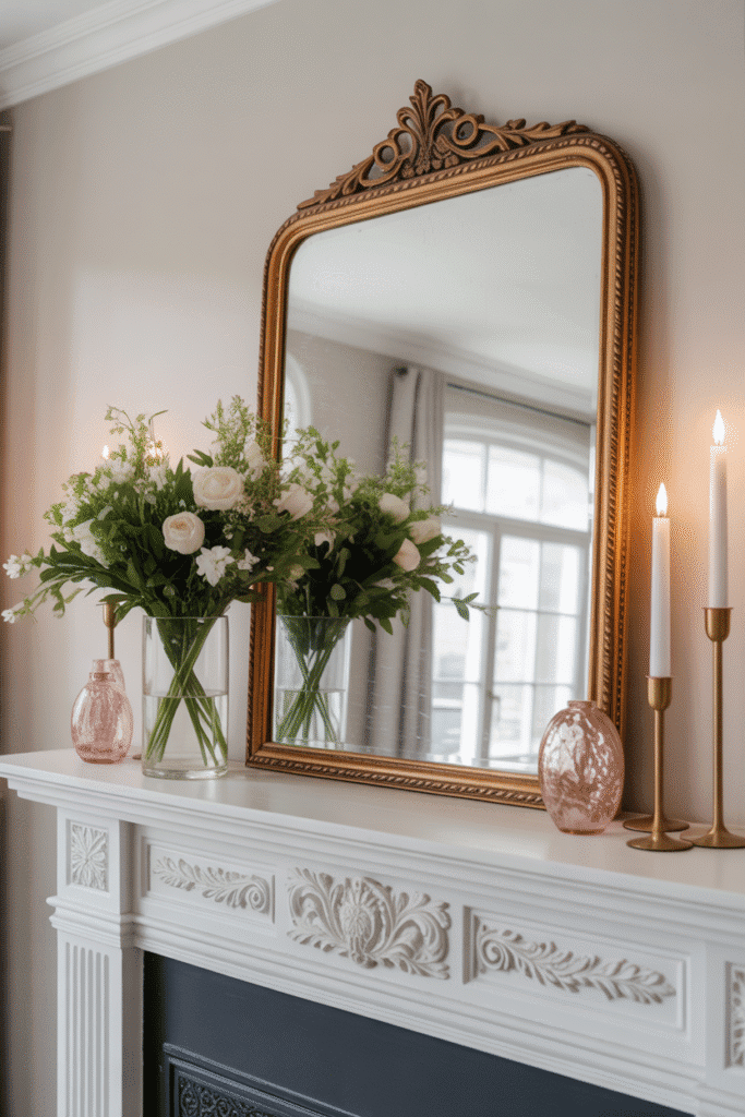 An aged mirror reflects light and adds vintage charm to a spring room.