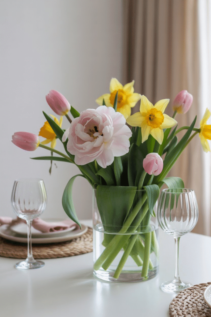 Glass vase filled with spring flowers like tulips and daffodils for a classic floral centerpiece.