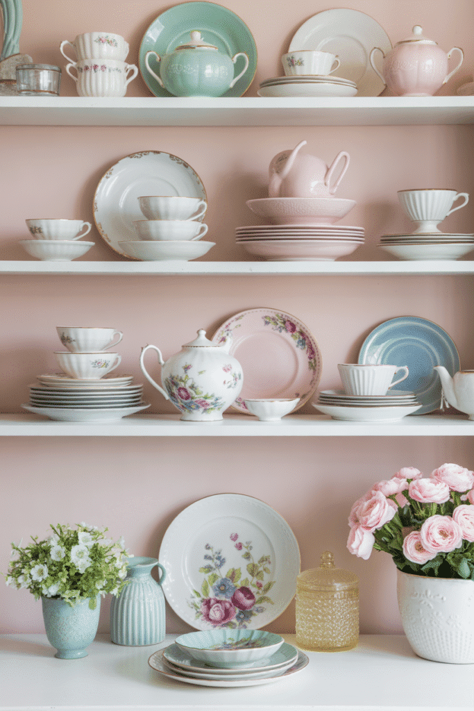 Vintage teacups and floral china offer a whimsical touch to spring decor.