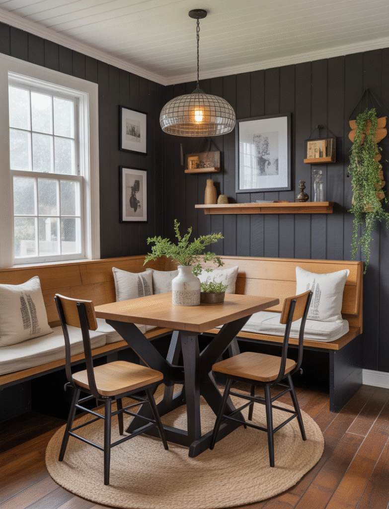 Breakfast nook with black board and batten walls, warm wood tones, cushioned bench seating, and greenery, creating a cozy and inviting atmosphere.