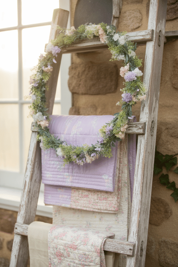 Vintage ladder used as a decorative display for linens and greenery.