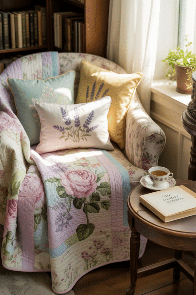 Vintage linens in soft pastels add texture and spring coziness.