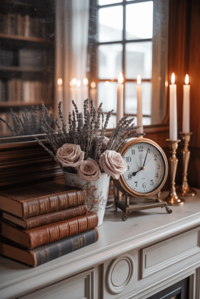 An antique mantel styled with spring touches creates a cozy, vintage feel.