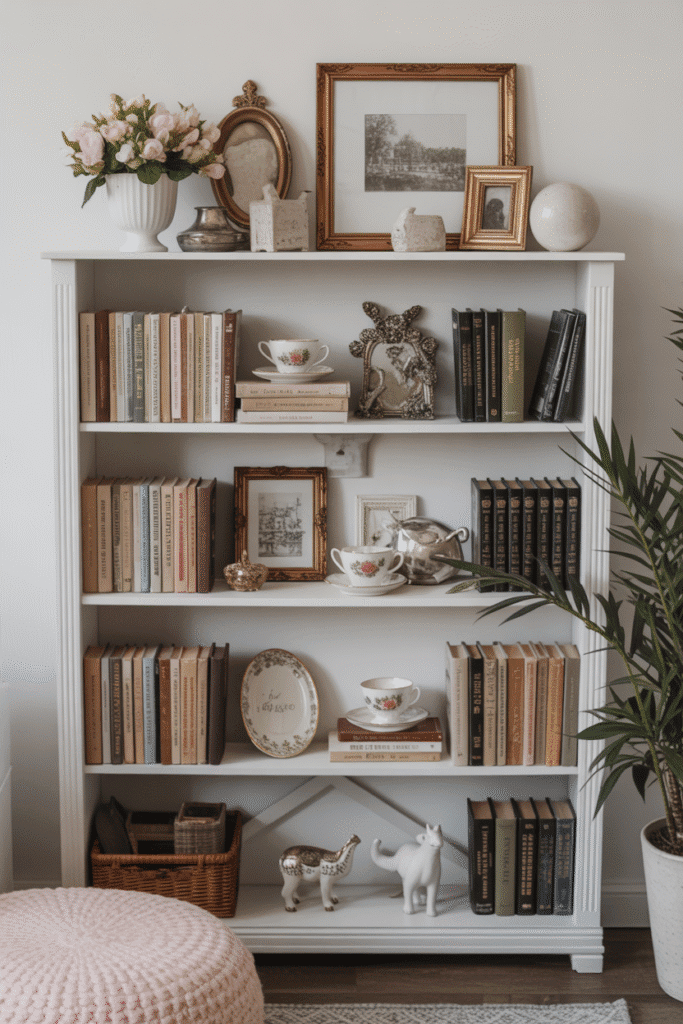 Spring-styled bookshelf with antique books and nostalgic floral touches.