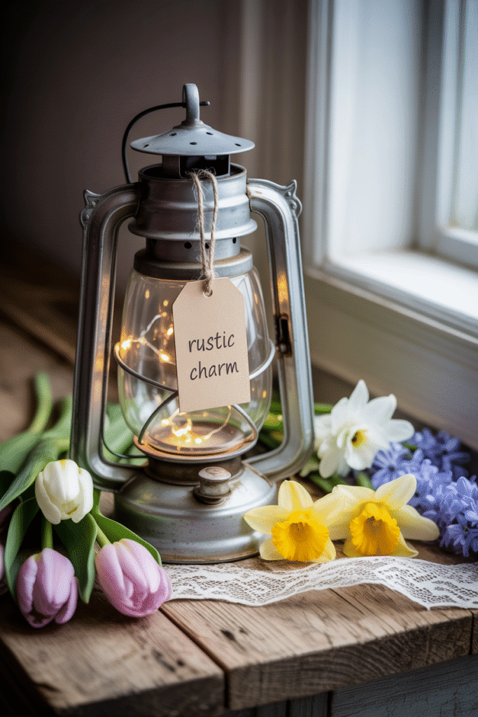 Antique lanterns with warm lighting add cozy vintage spring ambiance.