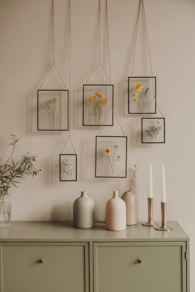 Pressed flower art adds delicate charm to vintage spring decor.