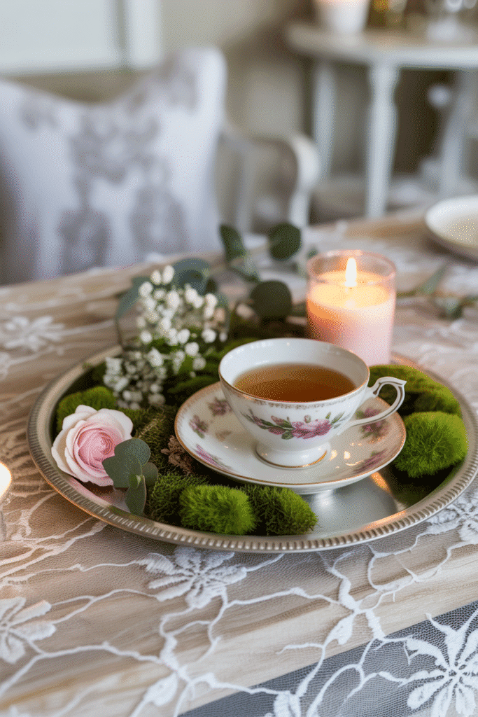 Vintage-style vignette styled with spring elements on a tray.