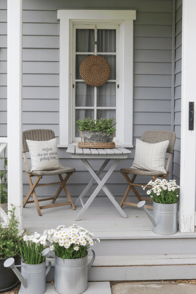 Vintage outdoor decor with blooming flowers and antique garden accents.