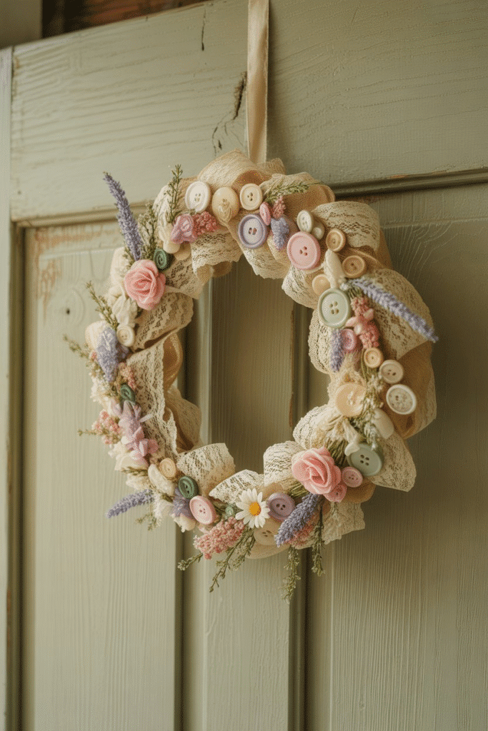 DIY spring wreath made with vintage lace and soft seasonal details.