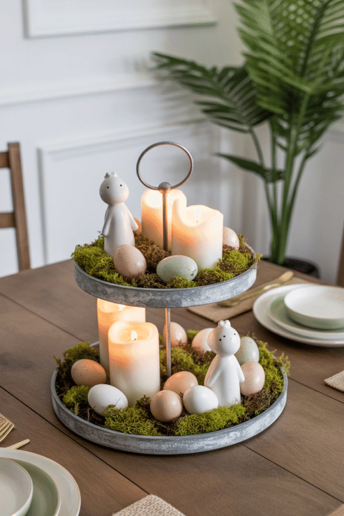 Layered tiered tray styled with seasonal spring decor, candles, and faux greenery.