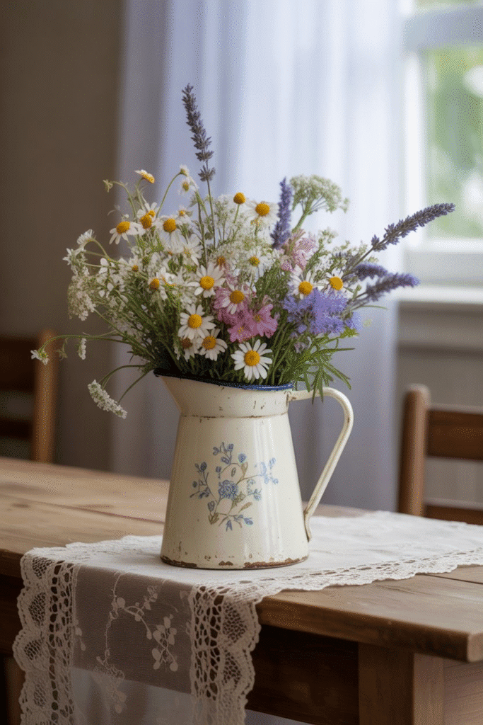 Vintage pitcher used as a vase for wildflowers, adding farmhouse spring charm.