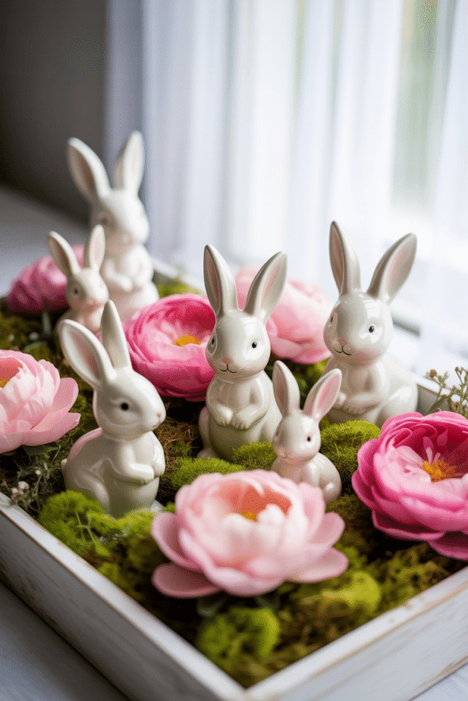 Whimsical spring centerpiece with bunny figurines and blooming floral accents.