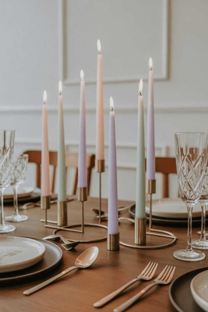 Pastel taper candles add elegance and seasonal color to spring centerpieces.