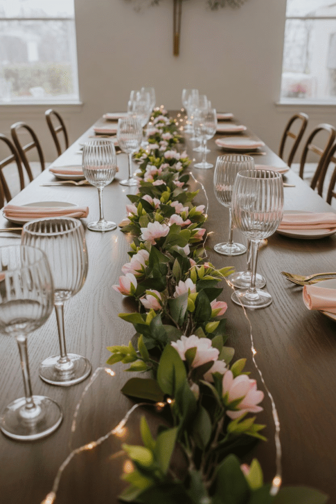 Floral garland centerpiece with soft spring colors and ambient lighting.