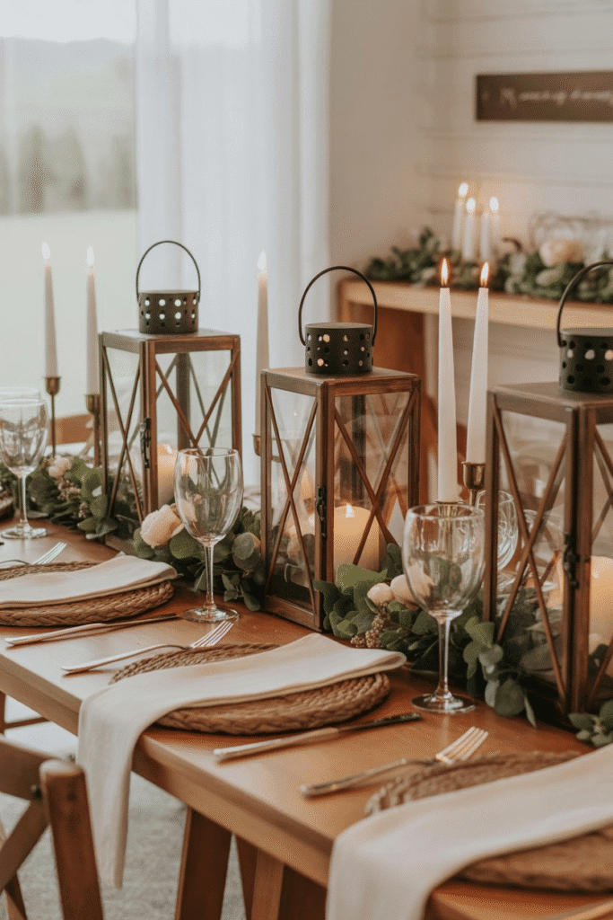 Vintage lanterns filled with spring elements for a rustic centerpiece display.