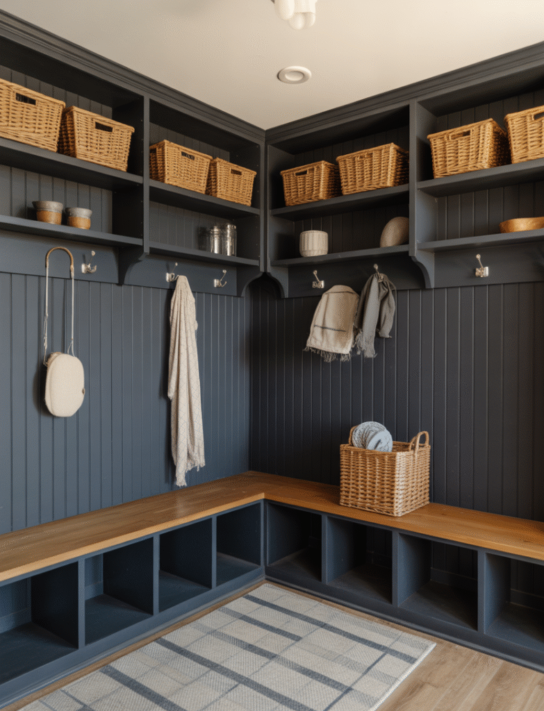 Mudroom with black board and batten walls, built-in cubbies, hooks, and baskets in natural materials, offering a durable, chic, and organized space.