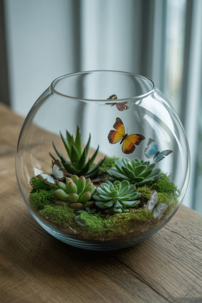 Mini terrarium centerpiece with moss and spring elements under glass cloches.