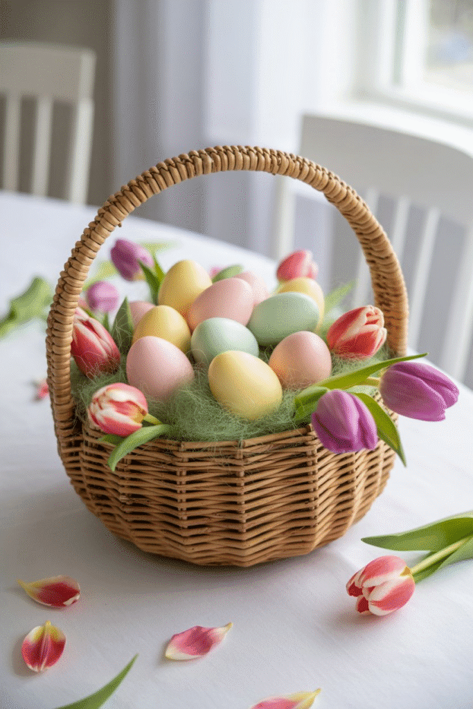 Basket of eggs and spring flowers creates a festive seasonal centerpiece.