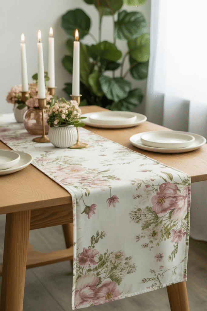 Floral runner anchors the table decor with light, seasonal pattern and elegance.