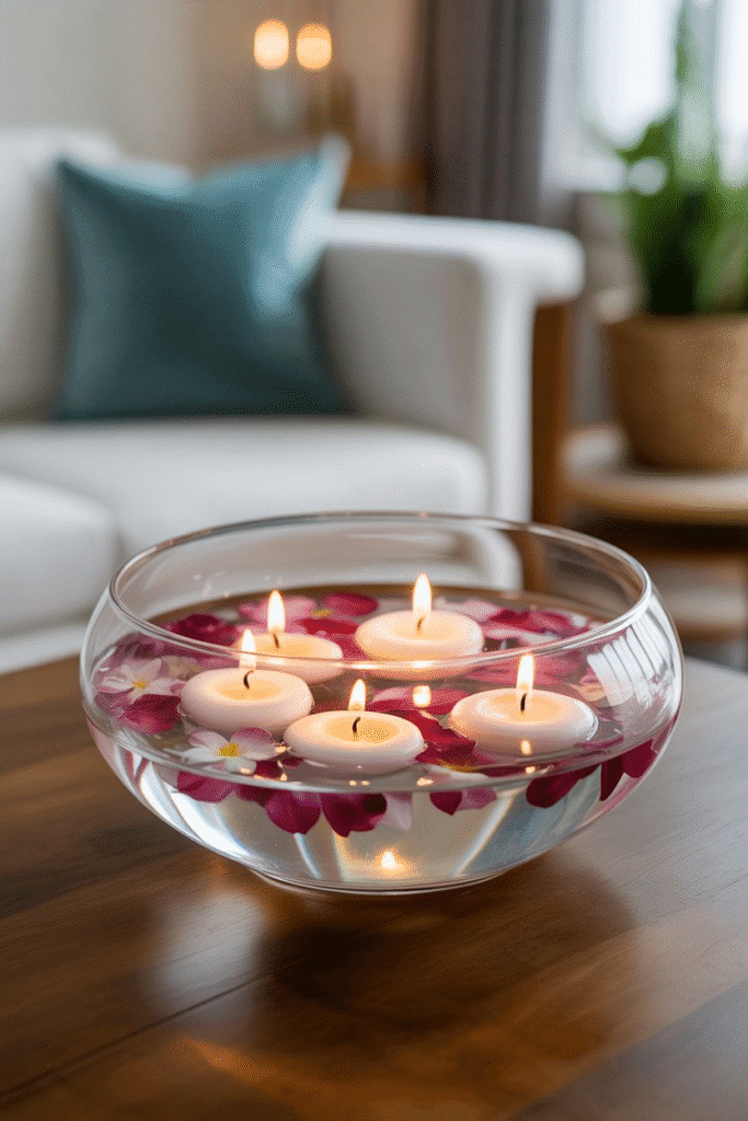 Floating candles and blooms create a dreamy spring tablescape centerpiece.
