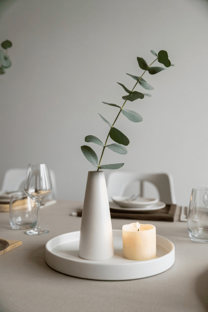 Minimal Scandinavian spring centerpiece with clean lines and organic textures.