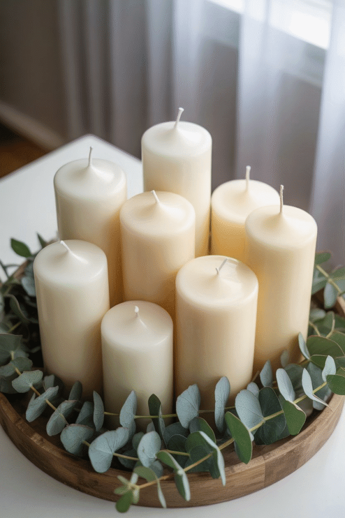 As a part of spring table centerpieces this picture shows grouped pillar candles with greenery create a soft and elegant spring centerpiece.