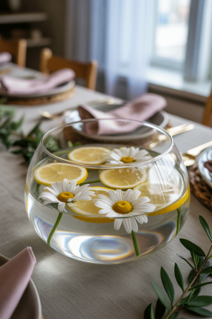 Citrus and floral floating centerpiece adds a fresh, edible twist to spring decor.