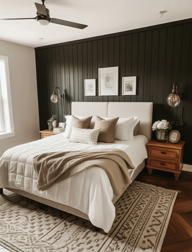 Guest bedroom with black board and batten behind the bed, layered with white or neutral bedding, plush throws, and warm wood nightstands for a welcoming and cozy retreat.